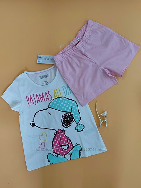 Пижама , пижамка со снупи  белая футболка и розовые шорты peanuts