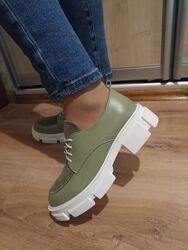  Туфлі лофери шкіра  замша  оливка 