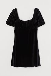 Платье с пышным рукавом черное велюр h&m