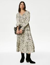 Молочное с принтом ярусное платье миди оверсайз Per Una M&S