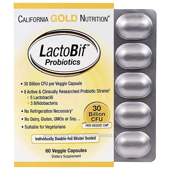 California Gold Nutrition LactoBif, пробиотики 30 млрд КОЕ, 60 капсул