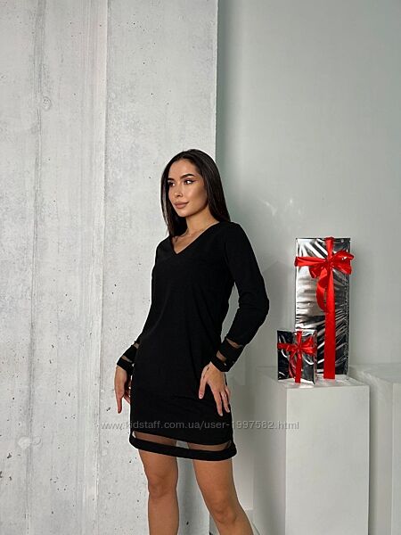 157 Ефектна чорна сукня з вставками з сітки. Сукня вільного фасону. Сітка д