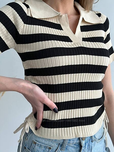 Жіноча футболка Поло в смужку зі шнурками по боках