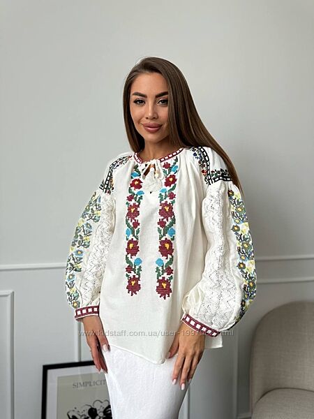 Жіноча вишиванка сучасна мережка блуза вишита сорочка біла з мереживом
