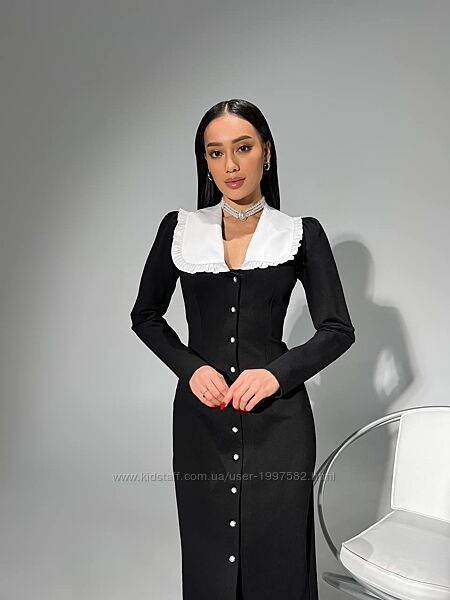 Вечірня сукня з коміром з гудзиками міді облягаюча чорна класична