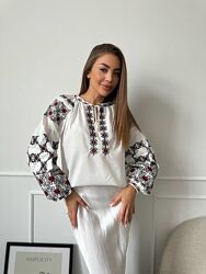 Жіноча вишиванка літня сучасна мережка блуза вишита сорочка біла