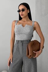  Жіночий вязаний топ трикотажний з широкими бретелями чорний сірий бежевий