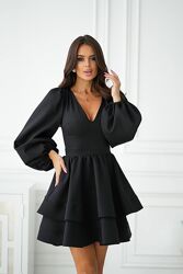 Вечірня сукня міні з подвійною спідницею з обємними рукавами чорна біла 