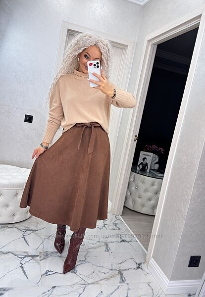 Спідниця міді трапеція замшева з високою талією чорна сіра коричнева бордо