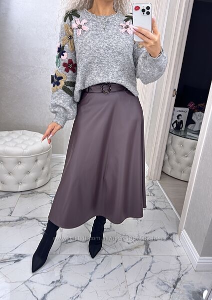 Шкіряна спідниця міді трапеція з високою талією з екошкіри пишна чорна 