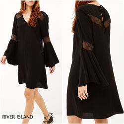 Чёрное платье с расклешенными рукавами и сетчатыми вставками river island