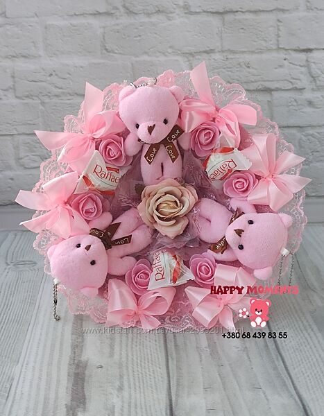Розовый букет из плюшевых мишек конфет, подарок дочке, девочке, ребёнку