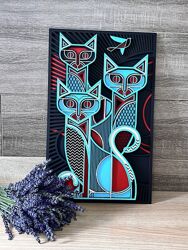 Three Cats, багатошарова картина з дерева