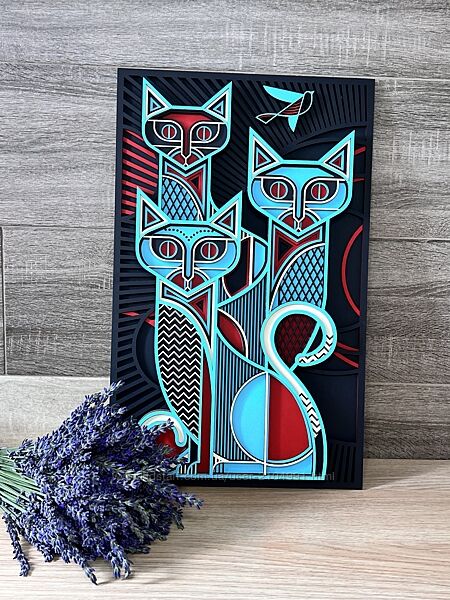 Three Cats, багатошарова картина з дерева