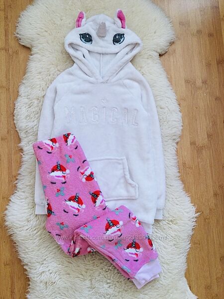 6-7 років, 122 зріст Primark Флісова пухнаста піжама Одноріг, подовжений ху