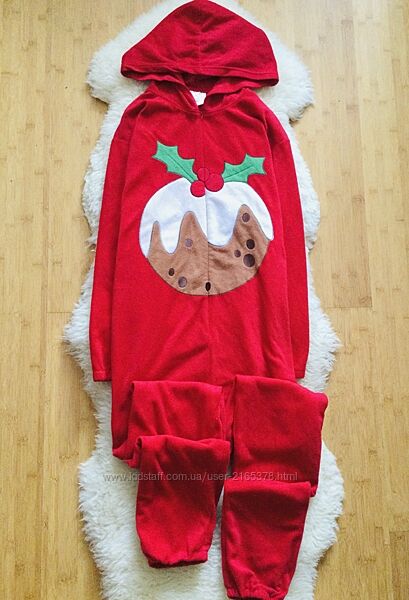 Флісовий кігурумі, піжама з Новорічним принтом. Домашній комплект з капюшон