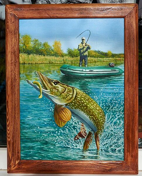 Картина маслом Щука. Картина маслом. Холст, олія. Подарок рыбаку.