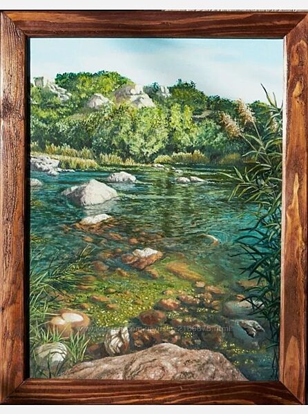 Картина маслом Река. Картина на холсте. Красивый пейзаж.