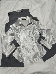 Біла корсетна шовкова/атласна сорочка, класична базова ділова блуза, XS/S