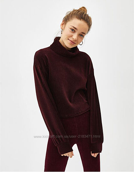 Bershka бордовий вельветовий светр, трендовий укорочений джемпер оверсайз