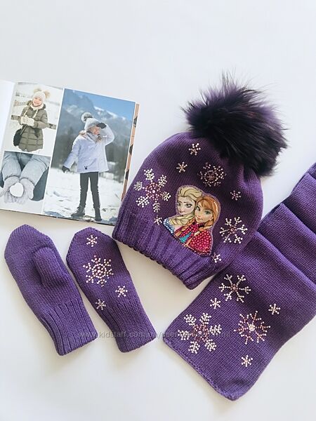 Frozen - шапка, шарф, варежки - Merino Wool - ручная роспись, стразы, мех