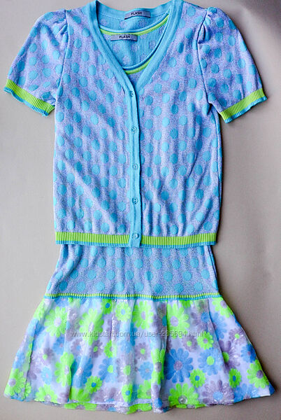 Нарядное серо-бирюзовое платье с кофтой в горошек Flash на рост 146- см